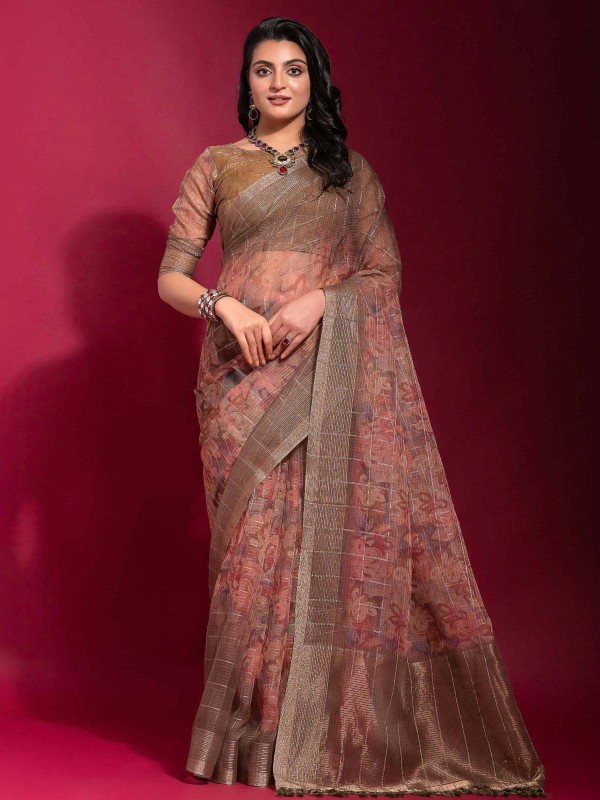 Light Brown Linen Silk Digital Print Saree